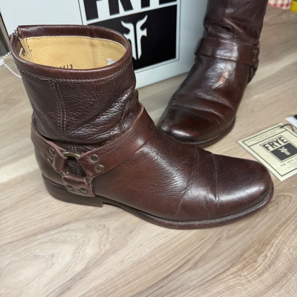 Frye Phillip Harness Boots Leather Ankle Moto‎ Biker Zip Dark Brown Womens 8.5